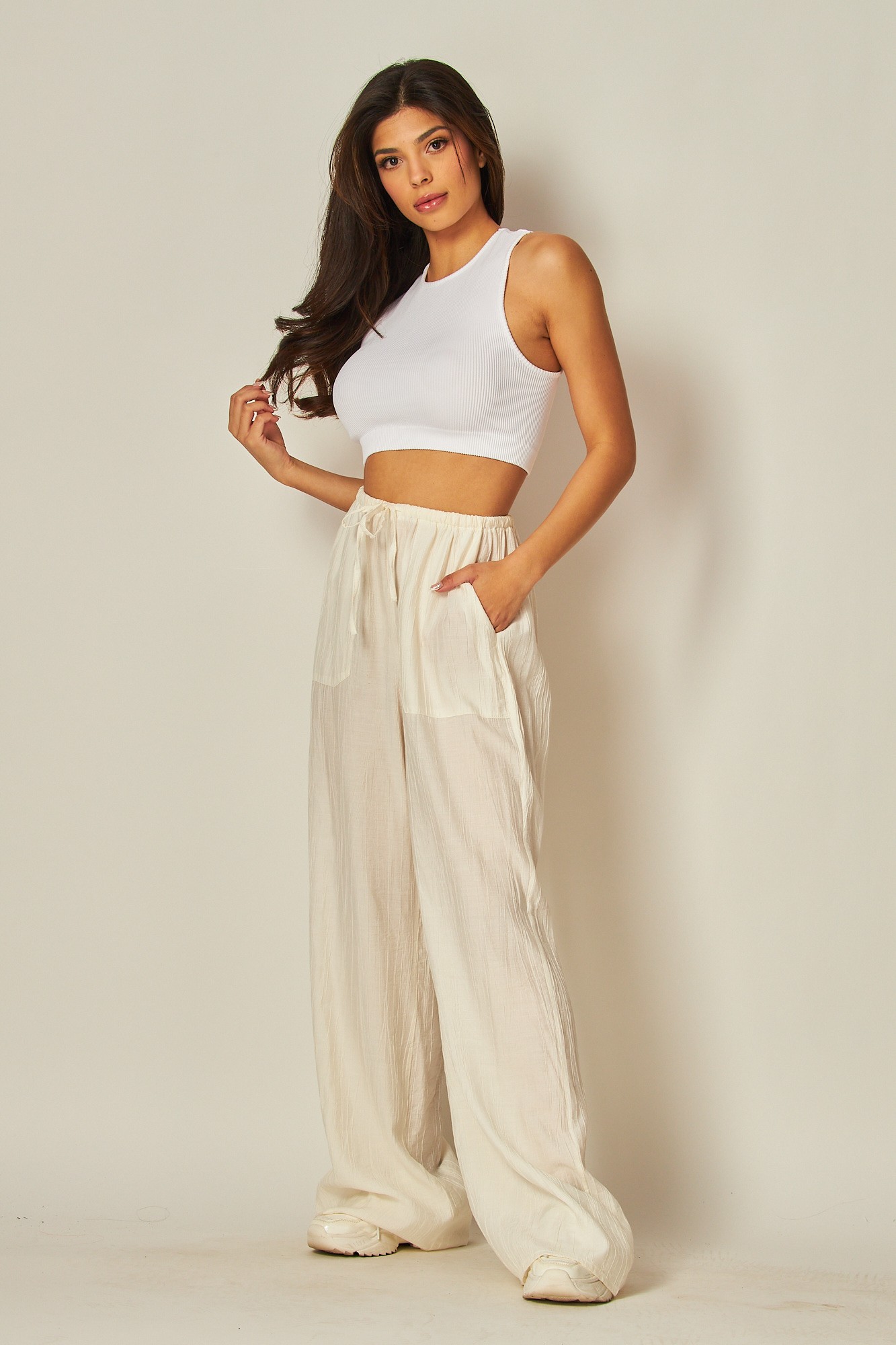 Tie Waist Linen Blend Wide Leg Pants - Imagen 2