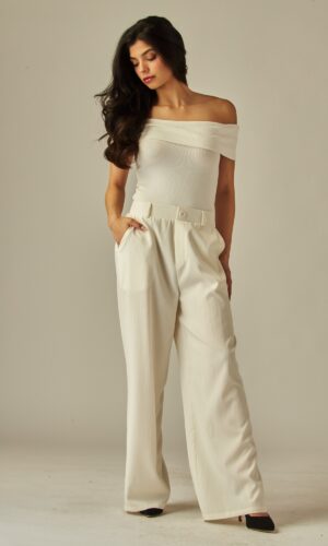 Pantalón De Pierna Ancha De Cintura Alta Con Elástico Trasero