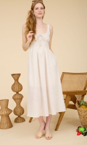 Vestido midi sin mangas con corset y rayas