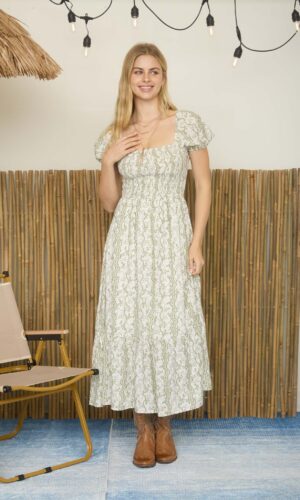 Vestido midi con patrón floral ondulado y mangas abullonadas fruncidas