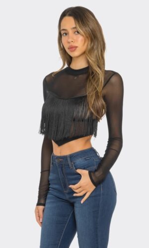 Long Sleeve Mesh Top With Fringe Chest Detail