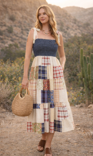 Vestido maxi con detalles de parches y fruncido de mezclilla