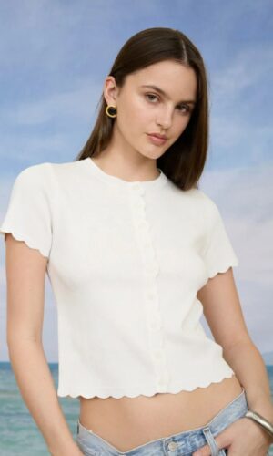 Cardigan de punto con botones y manga corta con borde festoneado