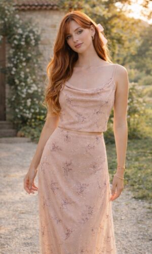 Conjunto top y falda de malla con pedrería