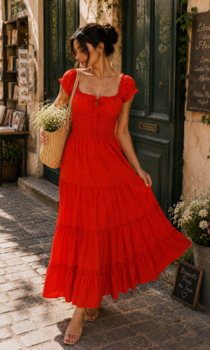Vestido midi con cintura smock y volantes