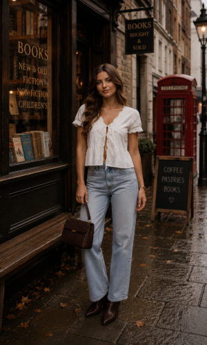 Blusa con lazo y bordado delantero