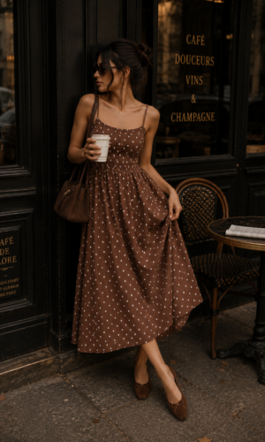 Vestido Midi con Cintura Fruncida y Lunares