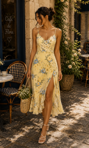 Vestido de malla con volantes floral