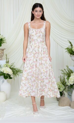 Vestido midi sin mangas con corsé y encaje floral