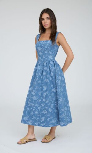 Vestido midi con detalle jacquard y corsé floral