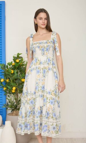 Vestido midi con estampado floral y tirantes atados