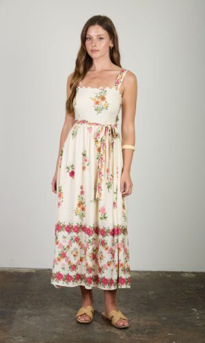 Vestido midi con cinturón y estampado floral en el borde