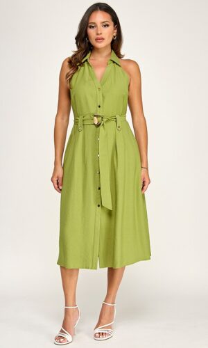 Vestido Midi Sin Mangas con Cuello y Cinturón