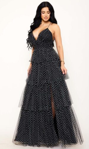 Vestido Maxi de Malla con Lunares y Capas