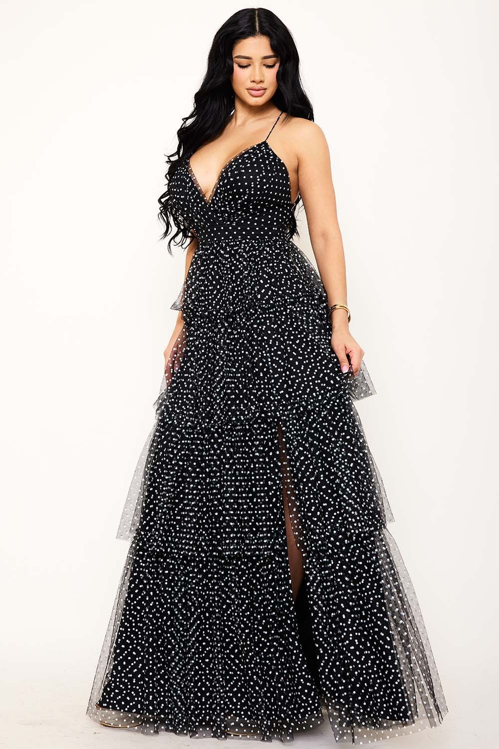 Vestido Maxi de Malla con Lunares y Capas
