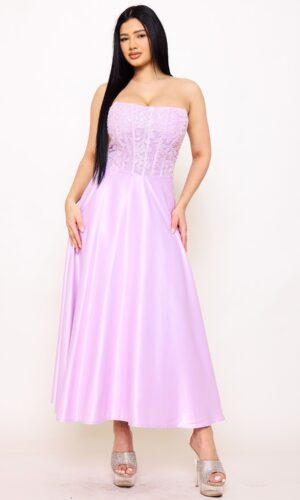 Vestido Maxi con Paneles de Encaje y Satén Mate