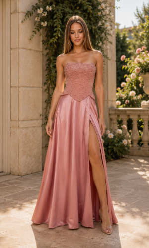 Vestido largo con top de cristal y falda de satén
