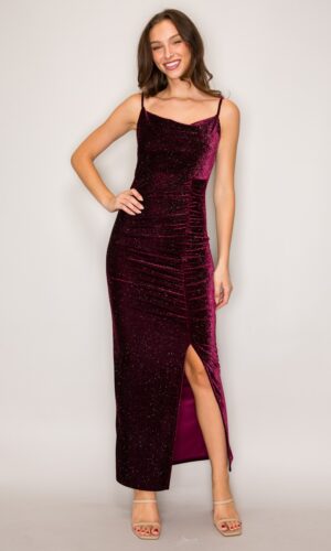 Vestido maxi de terciopelo con brillo y escote drapeado
